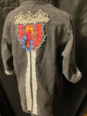 Black Denim Jacket Custom Embellishments - Colorful Patches & Lace